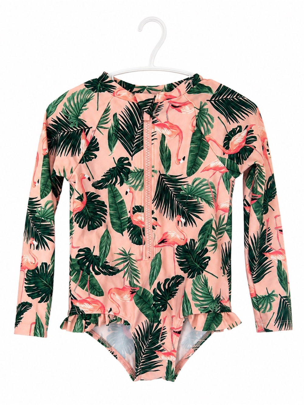 Pink Flamingo & Green Palm Long-Sleeve One-Piece Swimsuit